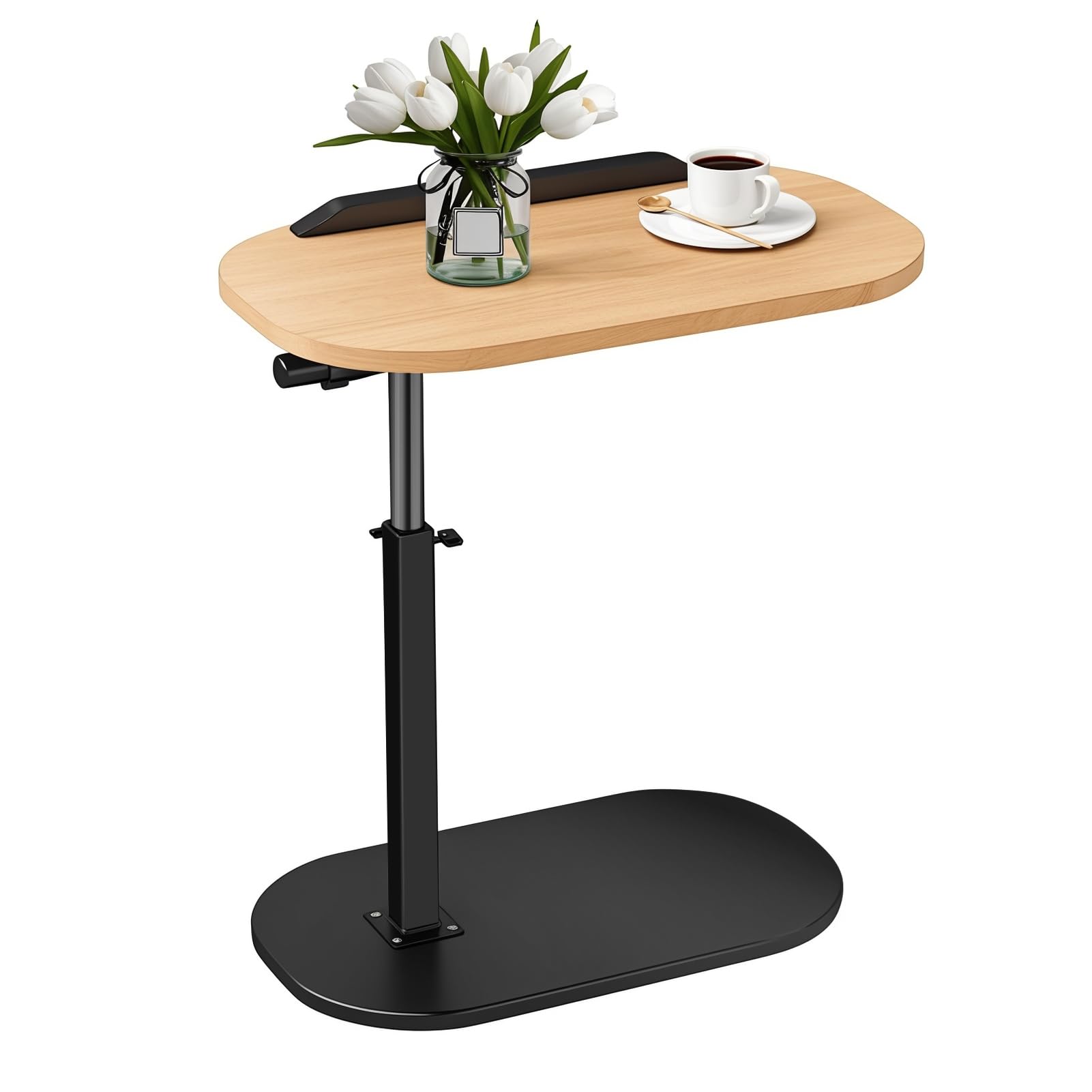 Cadciehe Wooden Color C Shaped End Table, Adjustable Height Skinny Side Table, 360 Degree Tv Tray Table, Night Stand With 2-Tier Storage Shelf, Reversible Couch Table