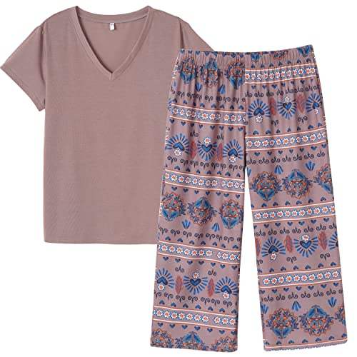 Image of Vozanet Women's V Neck Sexy Pajamas Capri Sets Mexican Style Floral Sleepwear 2PCS Totem Casual Nighty Plus Size M to 5XL
