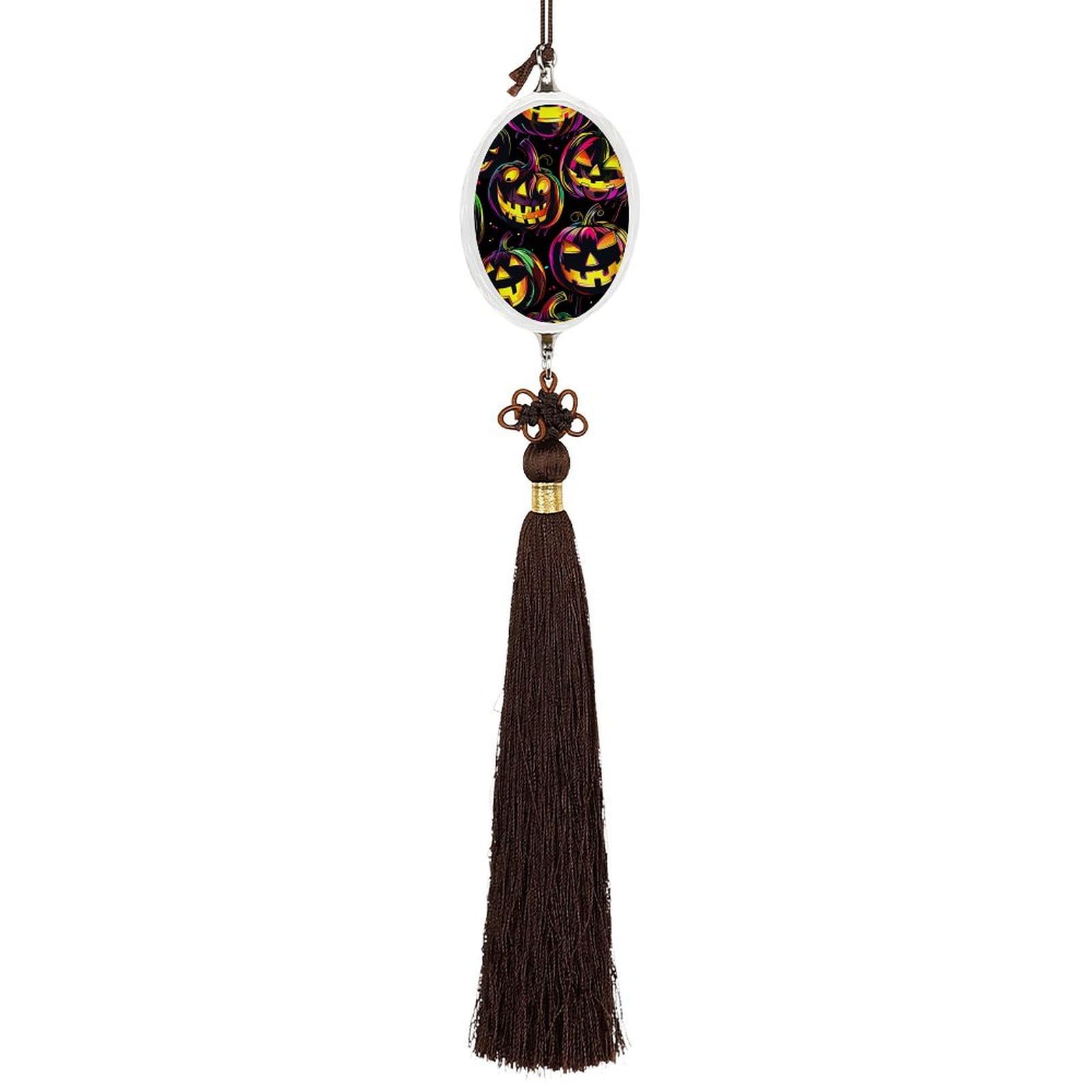 Crystal Auto Pendant Charms Ellipse Crystal Car Rear View Mirror Charms Neon Pumpkin Pattern Auto Hanging Interior Ornament Pendant Car Interior Accessories for Women Men CarCharms Decor