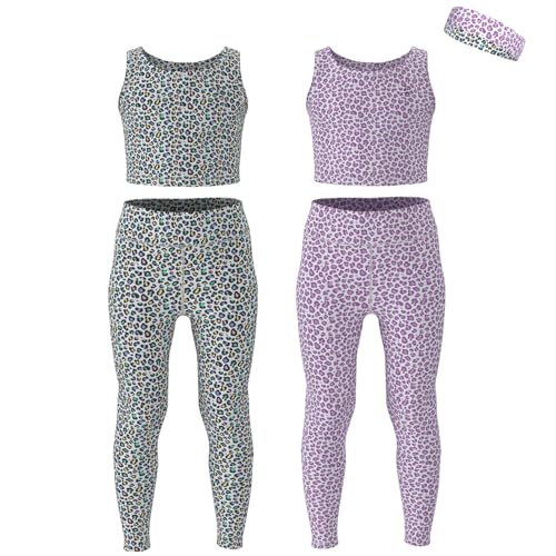 Essenclo Girls Athletic Leggings Yoga Pants w/Sleeveless Crop Tank Tops for Kids Workout Cheer Dance Run Sizes 3-16, 5pc Set - E2110 - Set-4-7-8