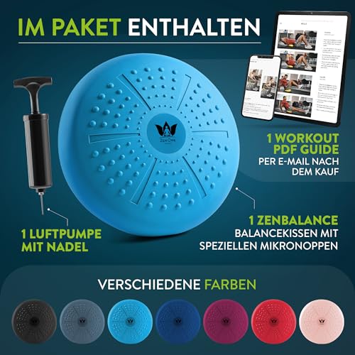 ZenOne Sports® Balance Kissen I Ballsitzkissen für Koordinations- & Rückentraining I Orthopädisches Sitzkissen I Luftkissen für Fitnesstraining inkl. Pumpe & Workout-Guide I Balancekissen