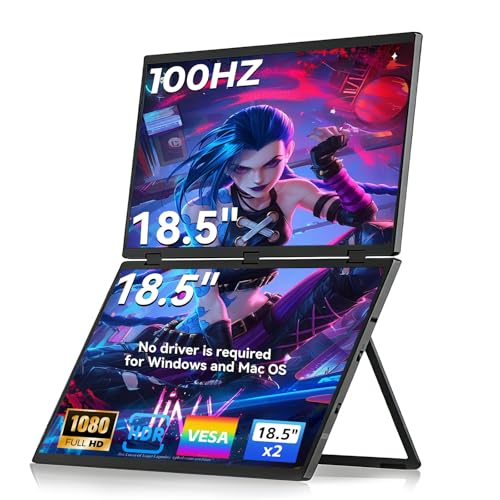 Image of 18.5 inch Portable Dual Monitor, CNC Metal Frame, 100Hz FHD 1080P Laptop Screen Extender, HDMI /USB-C Plug-and-Play, Built-in Speakers, for Laptop PC Windows & MacOS & VESA