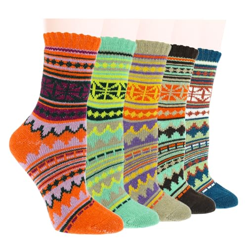Image of 5 Pairs Vintage Winter Women's Warm Thick Knitted Soft Wool Socks Gifts Cozy Crew Socks