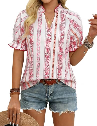 GRACE KARIN Womens Boho Tops Summer Spring Cotton Floral Blouses Short Sleeve Print Shirts V Neck Beach Vacation Clothes 2026 Pink White Striped Small