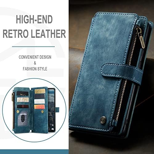 M CASEME UEEBAI Wallet Case for Samsung Galaxy A53 5G, Premium Handmade PU Leather Phone Case Card Slots Magnetic Closure Zipper Pocket Kickstand Flip Case with Hand Strap - Vintage Blue