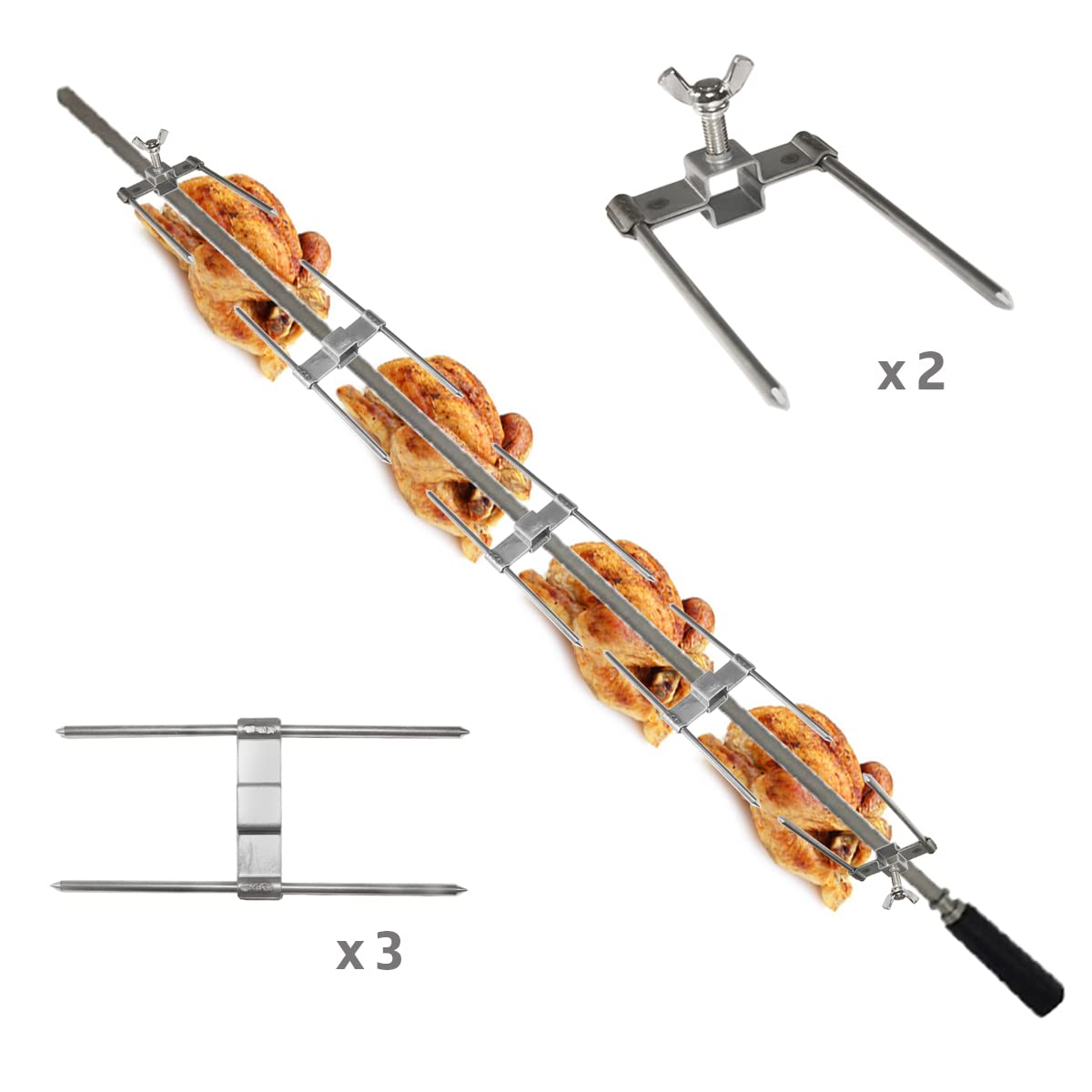 GOLDMAN SERVICE Pinchos de Asador de Pollos de Acero. Utensilio horquilla Tenedor para Asadores giratorios Profesionales. Recambio universal para espadas de 12mm (5 Piezas)