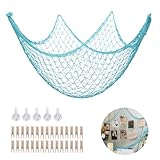 Fish Net Decorations, 79x59 Inch Wall Hanging Photo Display w/ 30 Clips, Fishing Net Decor for Under The Sea Pirate Ocean Nautical Themed Party Decorations, Bedroom Wall Beach Table Decor (Light Blue)