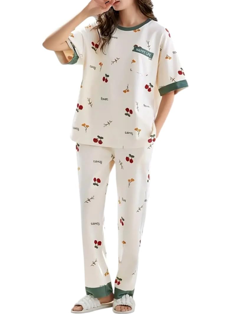 Women’s Cotton Pajama Set with Top & Pants|| Korean Night Suit|| Lightweight Printed Set || Soft & Comfy Sleepwear for Girls & Women || LNS-3-CHERRY-L-image-32