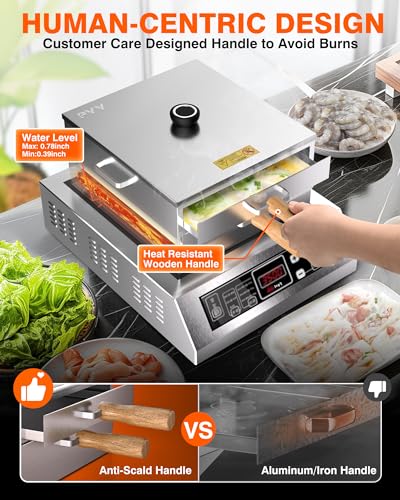 Image of PYY Rice Noodle Roll Steamer Machine - 2 Layers Chinese Cantonese Cheung Fun Changfen Maker for Commercial and Home Use with Extra Stainless Steel Holed Steam Tray and Long Wooden Handle