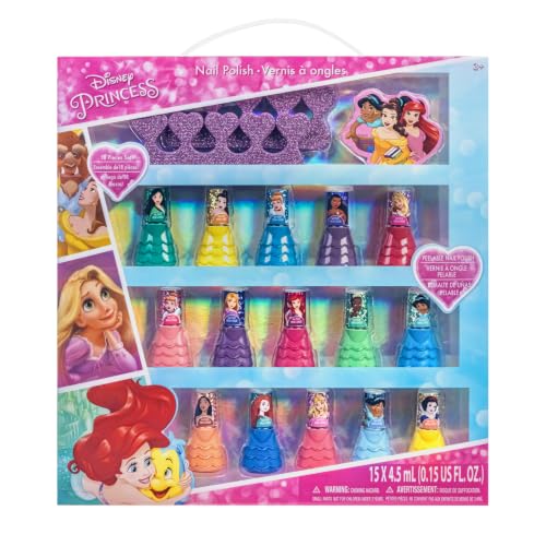 Disney Princess 15 Piece Water-Based Nail Polish with 3 Toe Spacers, Quick Dry, Peel Off, Gift Kit Set for Kids Girls, Ages 3 by Townley Girl