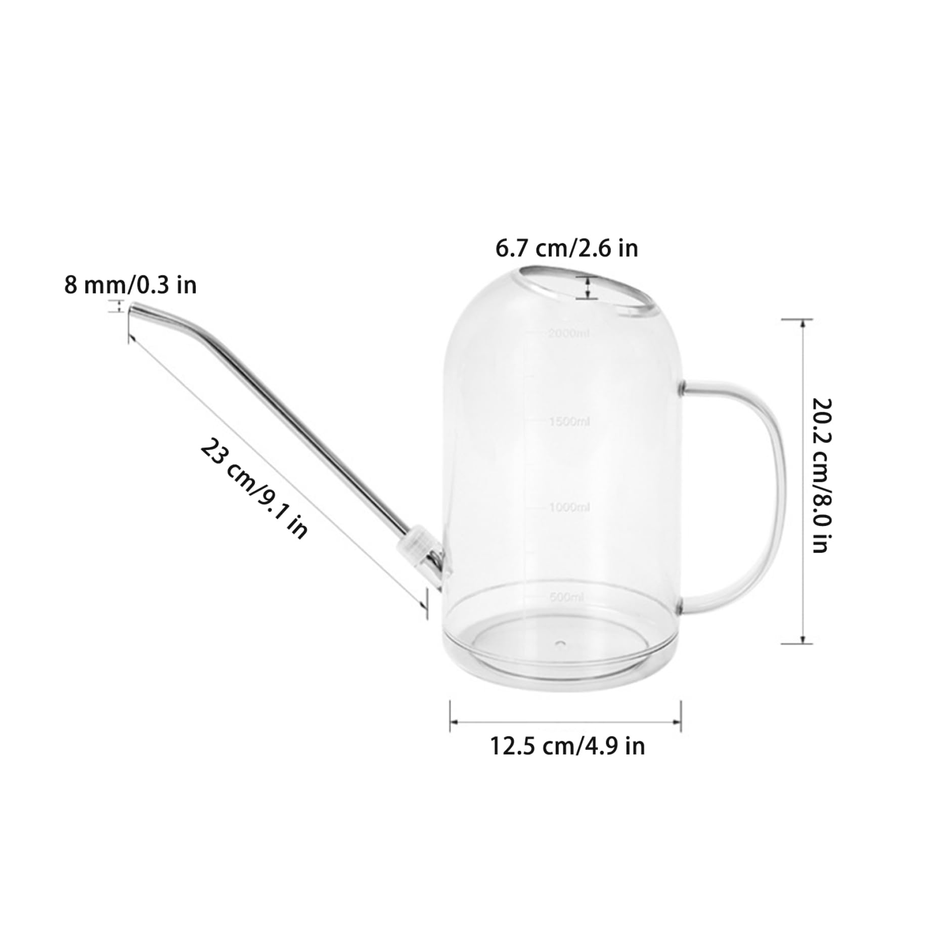 Regadera de Interior de 2 litros, regadera Transparente con Pico Largo de Acero Inoxidable, Mango y aspersor Desmontable para Plantas de Interior, balcón y jardín