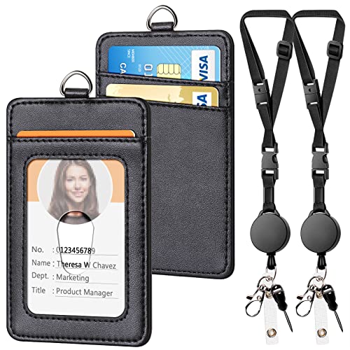 2 Pack Leather Badge Holder and Adjustable Retractable Lanyards, Quick Release Buckle and Safety Breakaway Lanyards with Swivel Metal Lobster Clasp for Offices, Staff, Students, Employees, Black