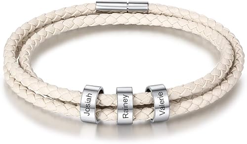 Engrave Bracelets for Men Custom Gifts for Father Dad Name Bracelet with 1-6 Beaded Beads for Daddy Bracelet for Men Women Boyfriend Father's Day