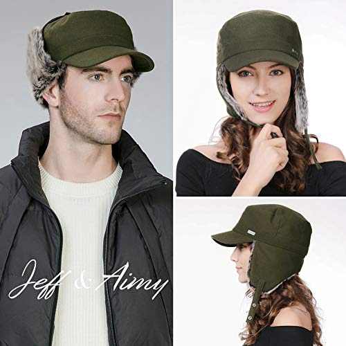 Jeff & Aimy Mens Winter Baseball Army Cap Trapper Warm Lined Military Hunting Hat Women Faux Fur Ear Flaps Muffs Ski Cold Weather Elmer Fudd Green 58-60Cm #TOP1