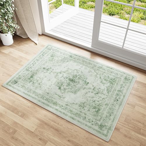 PureCozy Sage Green Area Rug 2x3 Washable Vintage Distressed Entryway Carpet Non Slip Neutral Door Mat Low Pile Retro Floral Farmhouse Accent Throw Small Rug for Bathroom Laundry Kitchen Din