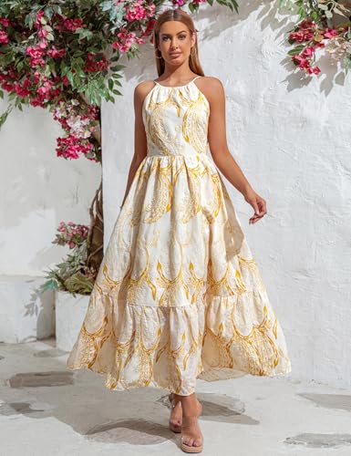 Image of EYWOL Women Plus Size Floral Dress, Summer Beach Yellow Sundress, Embroidered Halter Open Back Bow, Flowy Tiered for Vacation