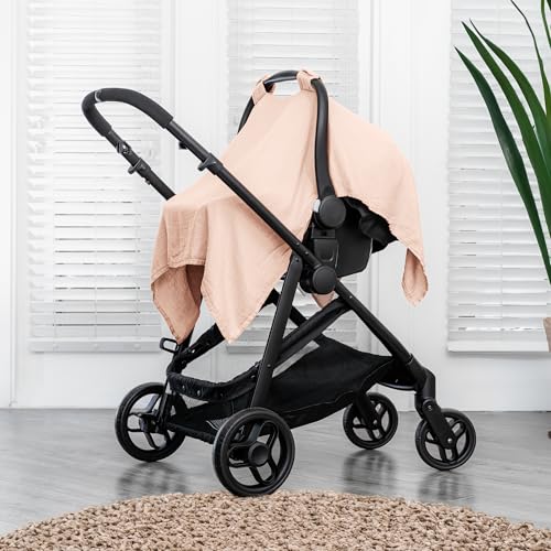 Image of Comfy Cubs Baby Car Seat Cover - Soft, Breathable Bamboo Rayon and Muslin Cotton Blend - Lightweight Canopy for Sun, Bug, and Comfort Protection - Large Size Infant Seat Cover in Blush Design