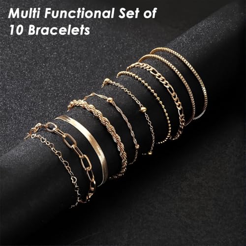 Image of SANNIDHI Bracelets for Women, Pack of 10 Chic Gold Silver Alloy Layered Bracelets Set Ladies Slim Link Bracelet for Woman Wrist Jewelry Gift