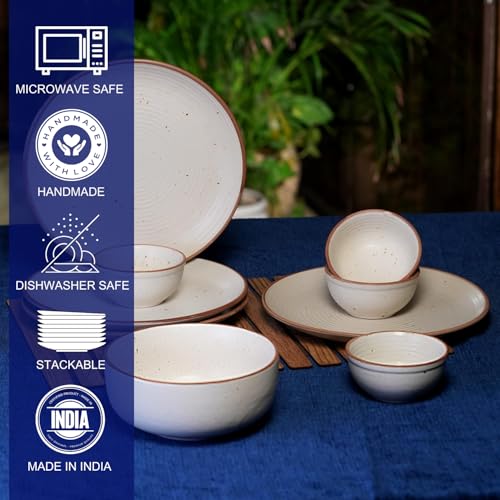 Image of Ribbed Ceramic Plates for Dinner with Katoris (9 Pieces, 4 Bowl & 4 Plates and 1 Large Serving Bowl Dishwasher & Microwave Safe) -Dinner Sets Ceramic Bowls Set Dinnerware Sets White