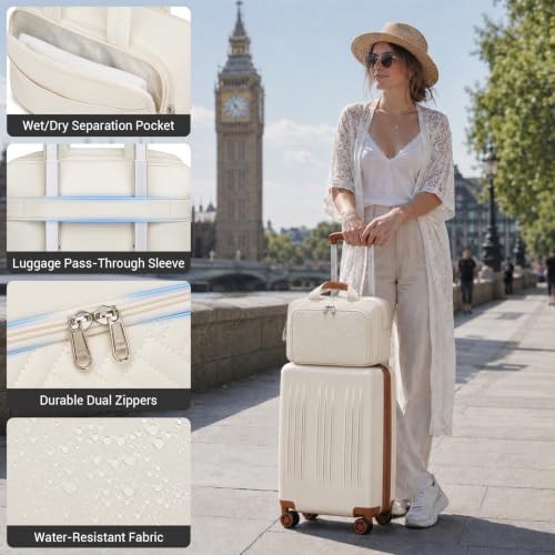 Image of Kono Carry On Luggage Sets 2 Piece, 20 Inch Expandable Hardshell Suitcase | 22x14x9 Airline Approved with Toiletry Bag, Lightweight PC+ABS, Spinner Wheels, TSA Lock, for 1-3 Days Trips, Cream White