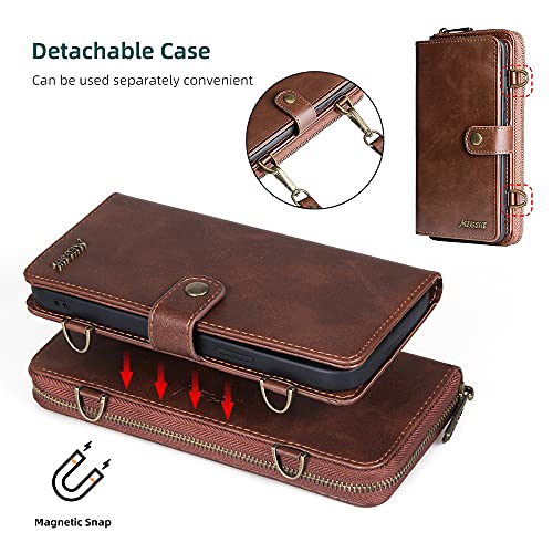 Ysw For Iphone 13 Mini Wallet Case, Multi-Function Zipper Leather Magnetic Pocket Wallet Case With Card Slot Holder, Detachable Flip Protective Cover With Crossbody Shoulder Strap (Brown) #TOP3