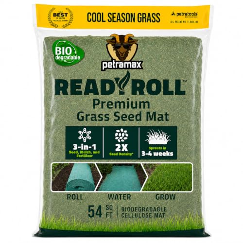 Petramax ReadyRoll Biodegradable Grass Seed Mat for Lawn (54 ft.) - All Year Green 3-in-1 Tall Fescue & Kentucky Grass Seed Rolls w/Mulch & Fertilizer - Lawn Repair Patch - Just Roll Water Grow