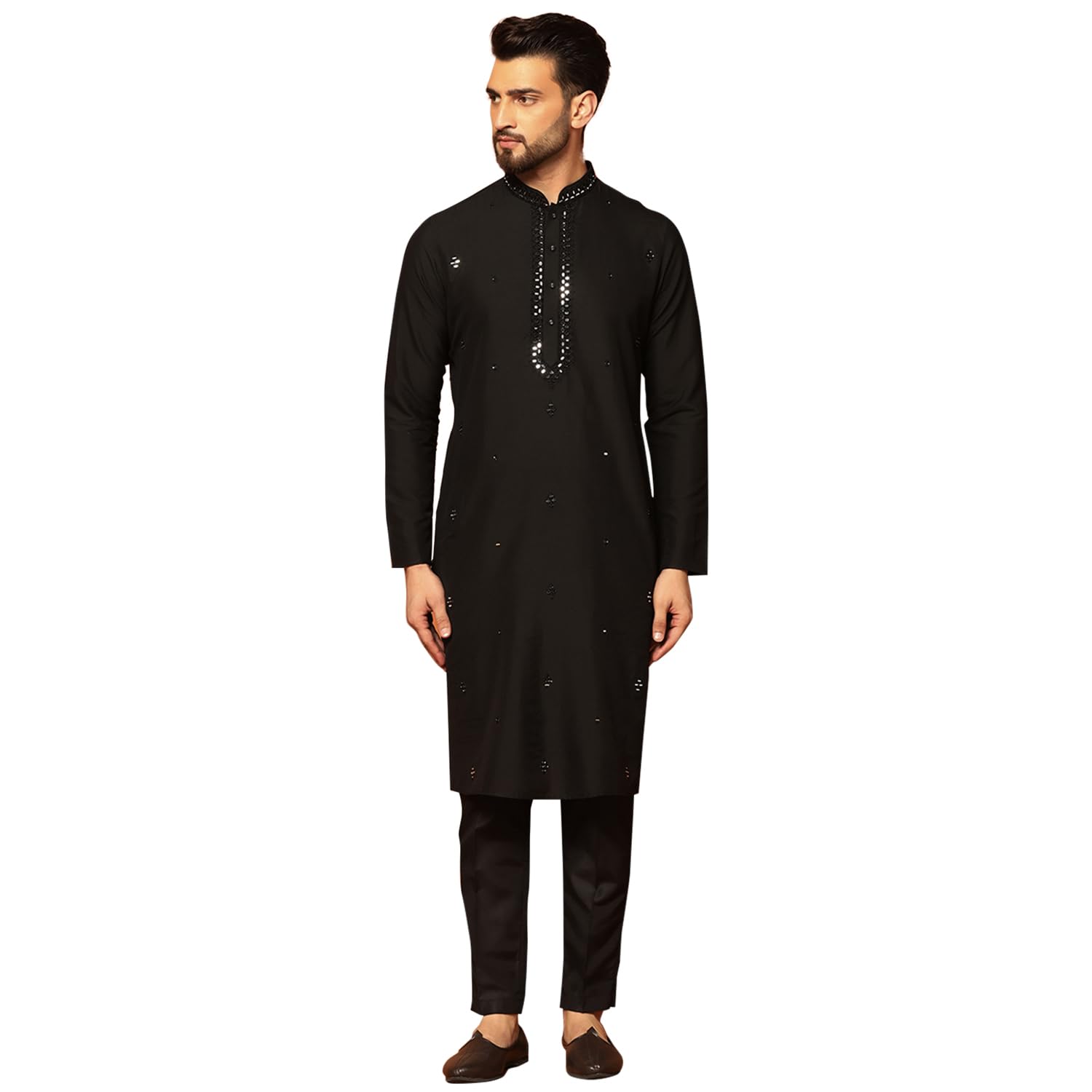 Kisah Men's Black Kurta Trouser Set Cotton, Full Sleaves, Knee Length, Straight, Regular Fit, Mandarin Collar Ethnic Wear