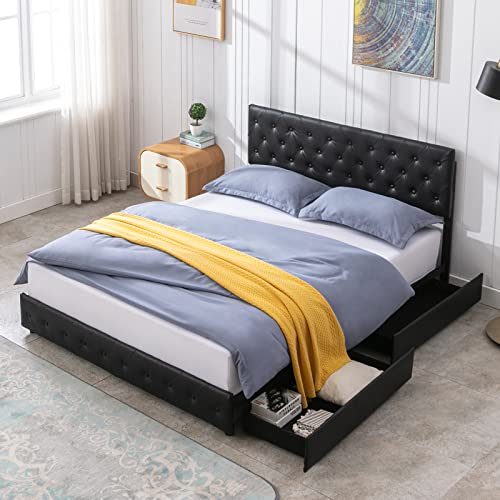 Zafly Upholstered California King Size Bed Frame With Tufted Headboard,Pu Leather Platform Cal King Bed Frame With 4 Storage Drawers,Wooden Slats Support,No Box Spring Needed,Easy Assembly (Black) #TOP16