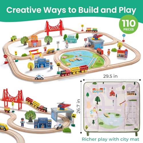 tiny land 110pcs wooden train set with folding storage box wooden train track toy for boys amp girls age 3-7 includes convenient storage
