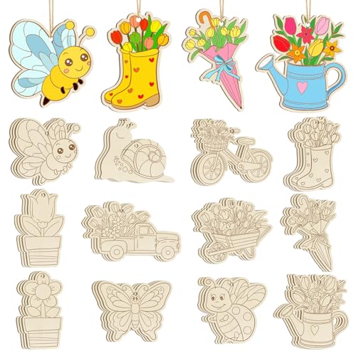 36 PCS Wooden Spring Ornaments to Paint, 12 Styles DIY Blank Unfinished Wood Flower Cutouts...