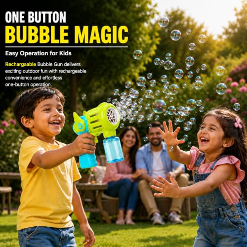 Image of Rechargeable Bubble Gun Toy for Kids | Automatic Bubble Maker with 1 Bubble Solution Bottles | Bubble Blower Machine for Outdoor Fun | Toy for Boys & Girls | Colour Multicolour
