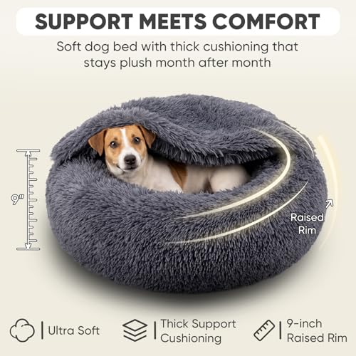 Image of Himax Medium Dog Bed, Round Dogs Beds with Blanket Attached, Comfort Fluffy Calming Dog Bed Washable (20 inch /26 inch /35 inch) Deep Grey