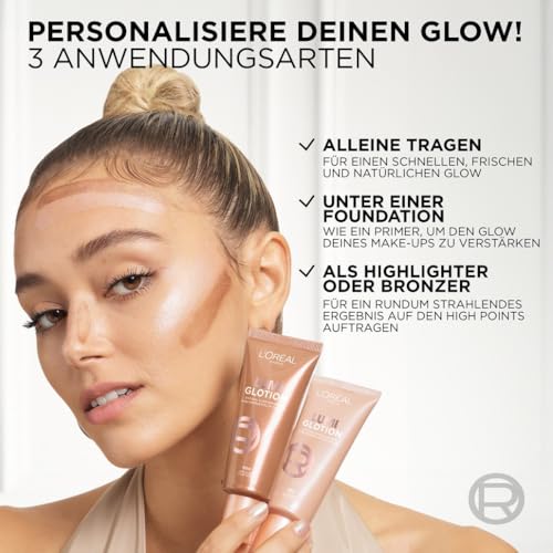 L'Oréal Paris Lumi Glotion, Multi-Use Flüssiger Highlighter für Gesicht und Körper, Natural Glow Make Up, mit feuchtigkeitsspendender Hautpflege [Glycerin & Sheabutter], Farbe 903 Medium Glow, 1x40ml