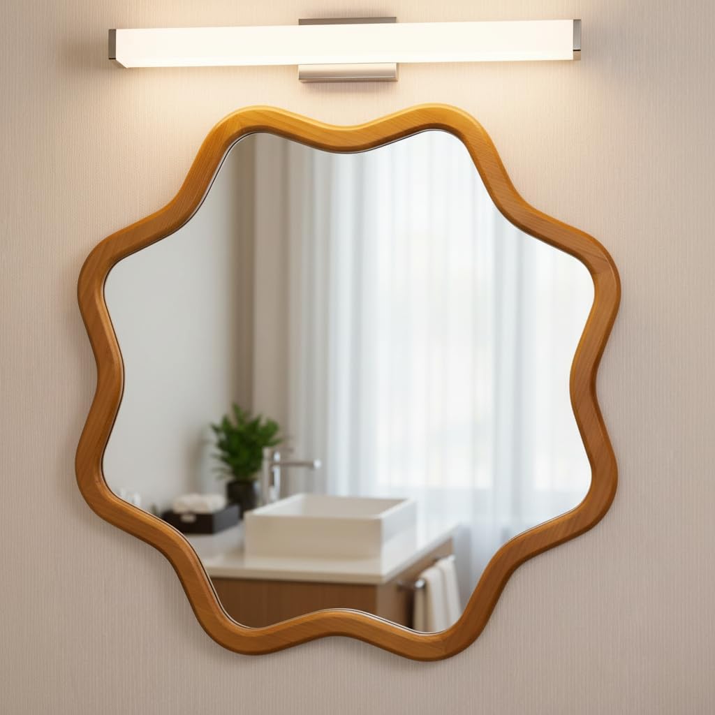 ZIYOO Scalloped Circle Wall Mirror 28", Wavy Edge Wooden Frame, Round Wall Mirror for Bedroom Living Room Bathroom Entryway (Wood,28")