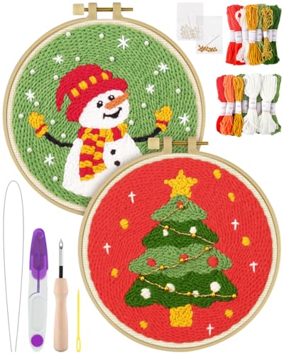 Image of ERKOON Christmas Punch Needle Kit Adults Beginners, 2 Pcs DIY Easy Embroidery Set for Starter Art Craft, Needling Punch Project with Patterns, Tools, Yarns, Hoop, Instruction (ChristmasTree & Snowman)