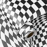 FunStick Modern Black and White Wallpaper Peel and Stick Abstract Checkered Wallpaper for Bedroom Bathroom Waterproof Removable White Black Checkered Contact Paper for Cabinets Desk Walls 17.5'x118'
