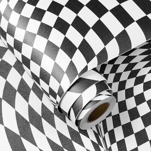FunStick Modern Black and White Wallpaper Peel and Stick Abstract Checkered Wallpaper for Bedroom Bathroom Waterproof Removable White Black Checkered Contact Paper for Cabinets Desk Walls 17.5x118