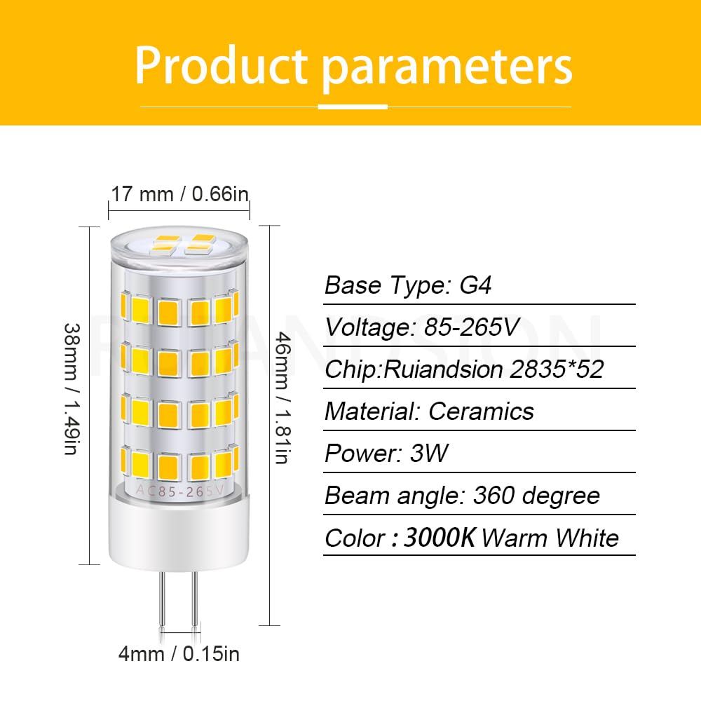 Ruiandsion Bombilla G4 LED 3W 85-265V cerámica pack 10 ahorro energía | Sin parpadeo dañino, luz 360°, adecuada caravanas y jardines