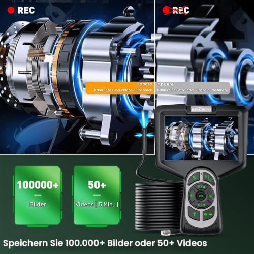 Hiacinto Endoskopkamera mit Licht 20m, 5-Zoll-IPS- Bildschirm DREI Linsen Endoskop, IP68 Wasserdicht...