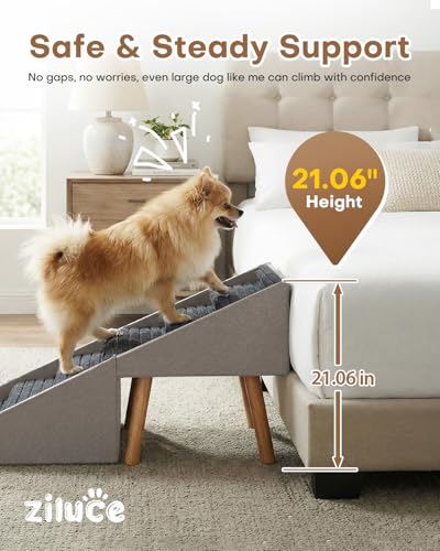 Image of Split Ottoman Dog Ramp for Bed and Couch, 21.06 inch H Non Slip Dog Stairs for Small Medium Large Dogs Cats Puppies Joint Support, 2 in 1 Foldable Wooden Pet Steps for Senior /Injured Dogs, Space Saving