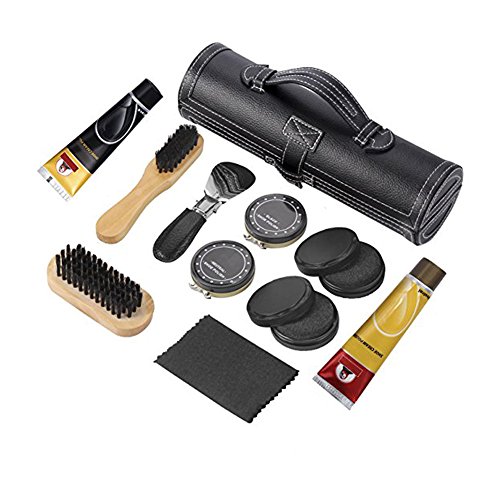 iBaste Kit di manutenzione e pulizia per scarpe.spazzola da scarpe in legno, scatola cilindri in pelle, set di spazzole da viaggio