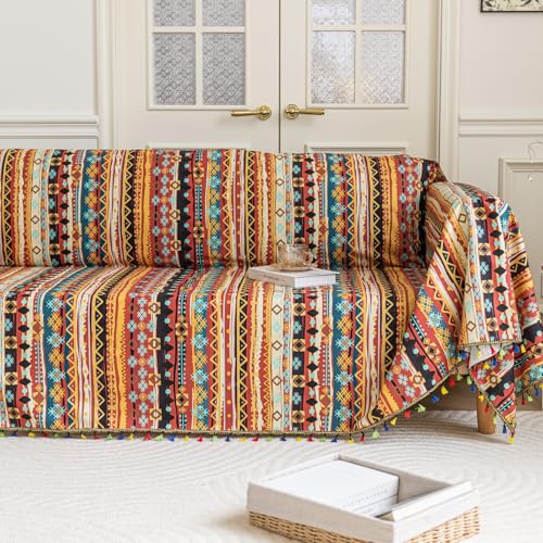 Erbnaryx Boho Couch Cover with Tassels, Washable 3-Seater Sectional Sofa Cover for Living Room(A8, 71"x134")