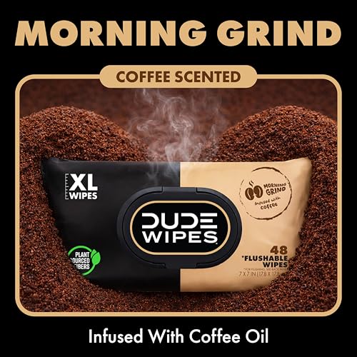 Image of DUDE Wipes Morning Grind Flushable Wipes - Coffee Scented Extra-Large Adult Wet Wipes - 6 Pack (288 Count) - Infused with Coffee Oil, Vitamin E, and Aloe - Septic and Sewer Safe