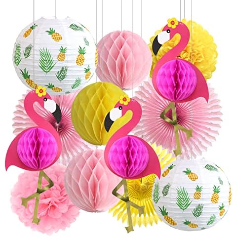 Flamingo Party Decorations, Tropical Flamingo Honeycomb Balls and Pineapple Paper Lanterns Paper Fans Pom Poms Flowers for Birthday Hawaiian Luau Beach Bachelorette Party Supplies Cover
