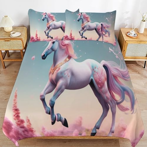 Horse Bed Linen, 3D Printed Children's Boys Girls Bed Linen Set, Soft Breathable Microfibre Bed Linen, 3-Piece Set (A, 220 x 260 cm + 80 x 80 cm x 2)