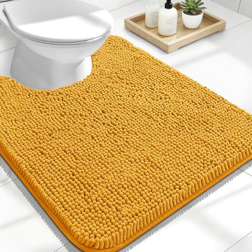 Image of OLANLY Toilet Rugs U-Shaped 24x20, Extra Soft Absorbent Chenille Contour Bathroom Rugs for Toilet, Dry Quickly, Machine Washable, Non-Slip Bath Mat, Golden Yellow
