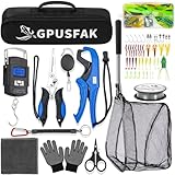 GPUSFAK Fishing Tool Kit, 54 Pieces Fishing Gear, Fishing Pliers with Lanyard, Fillet Knife, Fish Lip Gripper, Fly Ice Fishing Net, Anti-Slip Gloves, Blue