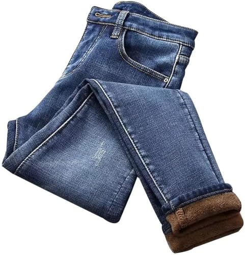 Vagbalena Damen Winter Jeans mit Plüschfutter Winter Straight Jeans hohe Taille gepolsterte elastische Röhrenhose hohe Taille warme Jeans Übergröße Röhrenjeans (Blau,30)