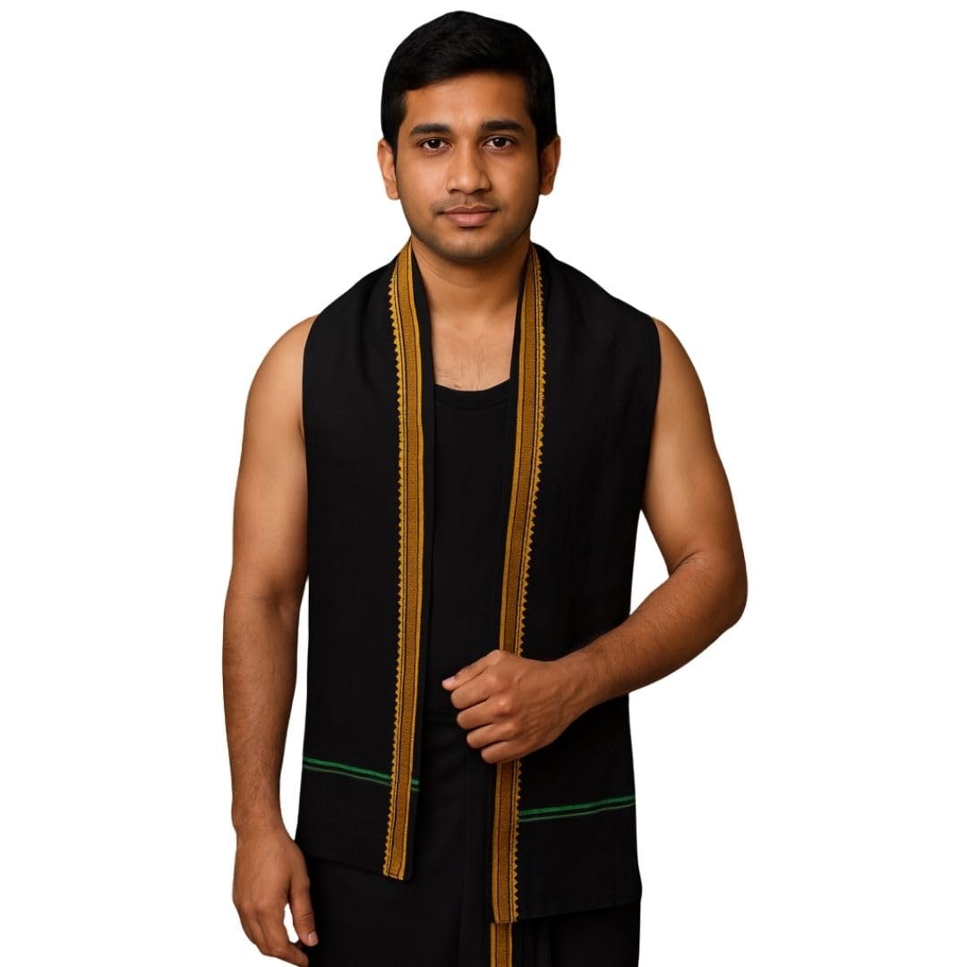 weavari Black Angavastram for Men | Premium Cotton Devotional Towel with Golden zari like border Border | Traditional Black Temple Wear 175 × 72 cm | Pack of 2-picture-19