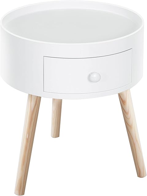 HOMCOM Modern Side Table, Small Coffee Table, Round Bedside Table with Drawer and Wood Legs for Living Room, Bedroom, White